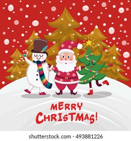 Christmas companions cartoon design with santa claus snowman and decorated tree on winter forest background vector illustration