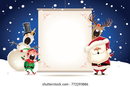 Christmas companion-Santa Claus, Reindeer Snowman and Elf with blank signboard.Empty signboard for your text.Vector illustration for holiday greeting.