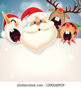 Christmas companion-Santa Claus, Snowman,Reindeer and Elf with blank signboard isolated on a sparkle blue background