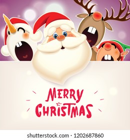 Christmas companion-Santa Claus, Snowman,Reindeer and Elf with textual signboard isolated on a sparkle purple background