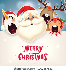 Christmas companion-Santa Claus, Snowman,Reindeer and Elf with textual signboard isolated on a sparkle blue background