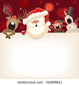 Christmas companion-Santa Claus, Snowman,Reindeer and Elf with blank signboard isolated on sparkle background.Empty signboard for your text.Vector illustration for holiday greeting.