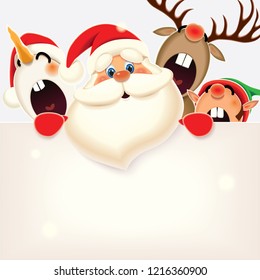 Christmas companion-Santa Claus,Reindeer,Snowman and Elf with blank signboard isolated on a white background