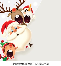 Christmas companion-Santa Claus,Snowman,Reindeer and Elf with blank signboard isolated on a white background
