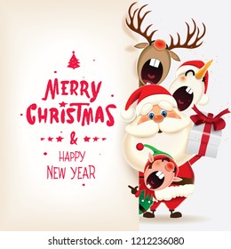 Christmas companions-Santa Claus, Snowman,Reindeer and Elf with textual signboard isolated on a white background