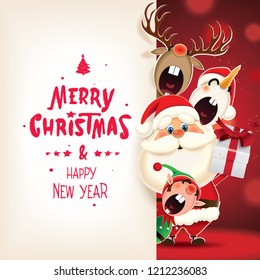 Christmas companions-Santa Claus, Snowman,Reindeer and Elf with textual signboard isolated on a red sparkle background