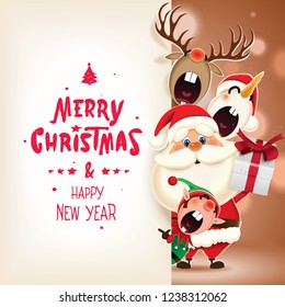 Christmas companions-Santa Claus, Snowman,Reindeer and Elf peeking beside textual web banner isolated on a ocher sparkle background