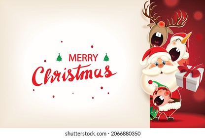 Christmas companions-Santa Claus, Snowman,Reindeer and Elf with textual signboard isolated on a red sparkle background