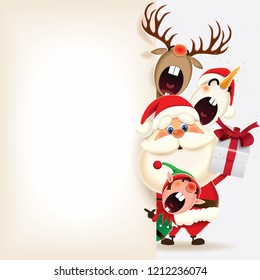 Christmas companions-Santa Claus,Reindeer,Snowman and Elf with blank signboard isolated on a white background