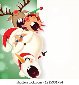 Christmas companions-Santa Claus,Reindeer,Snowman and Elf with blank signboard isolated on a green sparkle background