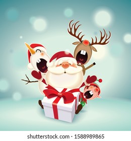 Christmas companions-Santa Claus,Reindeer,Snowman and Elf with gift box isolated on a blue sparkle background