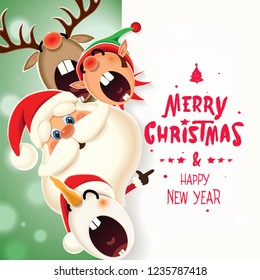 Christmas companions-Santa Claus,Reindeer,Snowman and Elf with textual signboard isolated on a green sparkle background