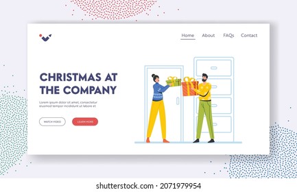 Christmas at Company Landing Page Template. People Characters Celebrate New Year. Man and Woman Business Colleagues, Friends Giving Gifts, Presents to Each Other in Office. Cartoon Vector Illustration