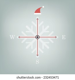 Christmas compass with Santa Claus hat on north pole card design. Eps10 vector illustration