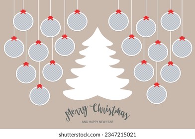 Christmas composition with 18 round Christmas balls for photos and the tree. Photo frames templates. Mockup on beige background. Winter holiday banner, poster, postcard, collage, album. Vector EPS10.