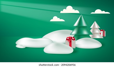 Composición navideña con pinos abstractos, caja de regalo y nieve. Banner vectorial 3d con espacio de copia