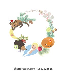 Christmas composition with angel and forest animals spruce twigs, flowers and berries on a white background