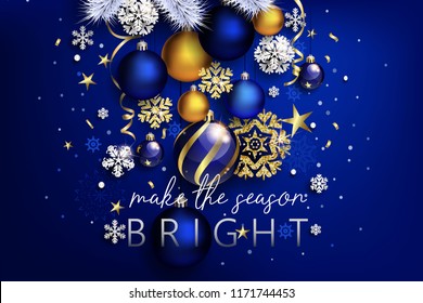 Christmas composition with balls and snowflakes in blue color