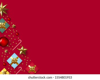 Christmas composition banner. Xmas design background with realistic gift box, glitter gold confetti, red ball decoration and candy. Top view horizontal poster with copy space. Flat lay greeting card.