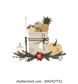 Christmas composition with basket of fruit, pumpkin and candles. Winter holiday new year season card. Vector illustration in hand drawn cartoon flat style