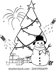 Christmas composition black and white isolated. Vector graphic line ink illustration. Xmas Festive background with realistic objects. Greeting card, banner, web poster. vector illustration