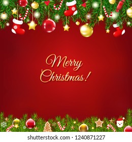 Christmas Composition With Borders With Gradient Mesh, Vector Illustration