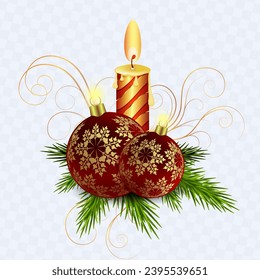 Christmas composition by a burning candle, two burgundy Christmas balls with golden snowflakes