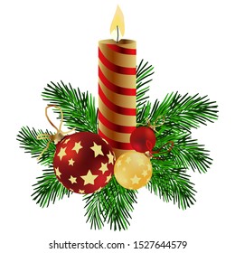 Christmas composition with candle, balls and coniferous branches, isolate on a white background