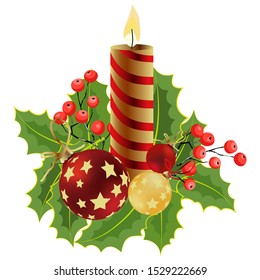 Christmas composition with candle, balls and coniferous branches, isolate on a white background