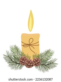 Christmas composition with Candle, fir branches and pine corns. Xmas, winter holiday decoration. Decorative ornamental advent composition. Flat vector illustration isolated on white background.