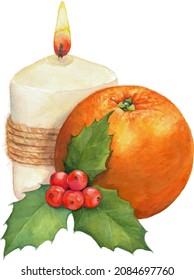 Christmas composition: candle, orange and a sprig of mistletoe. Can be used for printing greeting cards, book illustrations, etc. Christmas hand drawing illustration.