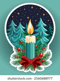 Christmas composition with candles.Vector illustration with Christmas composition of candle, fir trees and berries on color background.