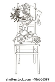Christmas composition chair with gifts. Vector illustration. Black contour isolated on white background.