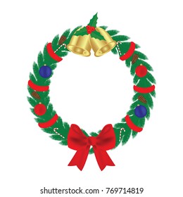 Christmas composition, a circle of fir branches, a bow and bells