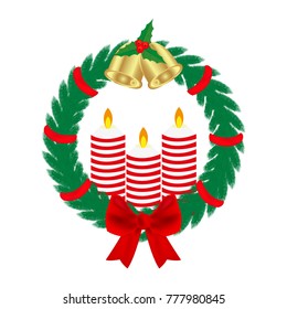 Christmas composition, a circle of fir branches, a bow and bells
