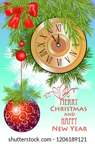 Christmas composition with a clock. Christmas decorations on fir branches