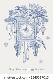 Weihnachtskomposition mit Uhr Titten Vögel Tanne Zweige Bälle Poinsettia Spielzeug Schneeflocken. Blaubeige Toile Vektor Vintage-Illustration. Handgezeichneter Hintergrund für Design-Grußkarte, Feriendekoration