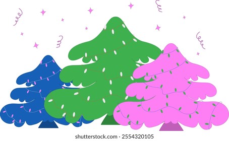 Christmas composition with colorful trees. Holiday greeting card. Vector illustration