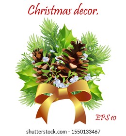 Christmas composition with cones and ribbon.Holiday print for design or background. Fir branches and pine cones with bow