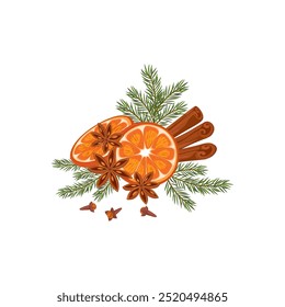 Christmas composition. Conifer branches with orange vector illustration. Pine cone, spruce, fir tree branches, cinnamon and rowan. Stock winter nature clipart isolated on white.