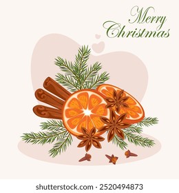 Weihnachtskomposition. Koniferenzweige mit orangefarbener Vektorgrafik. Kiefernzapfen, Fichte, Tannenzweige, Zimt und Eberesche. Stock Winter Natur Clipart einzeln auf weiß.