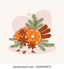 Composição de Natal. Ramificações de coníferas com ilustração de vetor laranja. Cone de pinheiro, abeto, ramos de abeto, canela e rowan. Clipart da natureza de inverno de estoque isolado no branco.