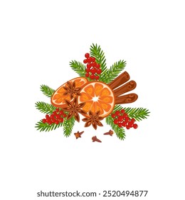 Christmas composition. Conifer branches with orange vector illustration. Pine cone, spruce, fir tree branches, cinnamon and rowan. Stock winter nature clipart isolated on white.