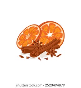 Christmas composition. Conifer branches with orange vector illustration. Pine cone, spruce, fir tree branches, cinnamon and rowan. Stock winter nature clipart isolated on white.