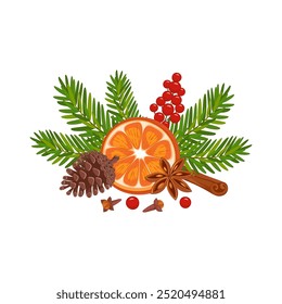 Weihnachtskomposition. Koniferenzweige mit orangefarbener Vektorgrafik. Kiefernzapfen, Fichte, Tannenzweige, Zimt und Eberesche. Stock Winter Natur Clipart einzeln auf weiß.