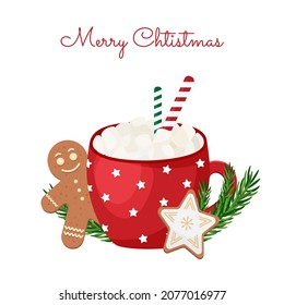 Christmas composition with a cup of hot chocolate and marshmallows, decorated with spruce branches, lollipops, gingerbread man. Holiday card isolated on white background. Vector illustration