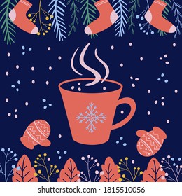 
Christmas composition with a cup, mittens, leaves, spruce branches and festive socks.
