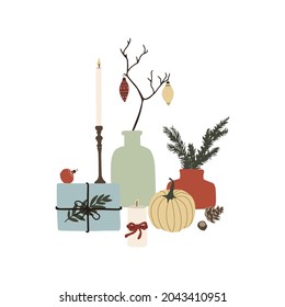 Christmas composition with decor vase and spruce branches, gift box and candles. Winter holiday new year season card. Vector illustration in hand drawn cartoon flat style