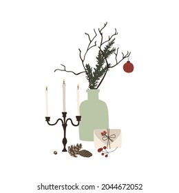 Christmas composition with decor vase and spruce branches, gift box and candles. Winter holiday new year season card. Vector illustration in hand drawn cartoon flat style