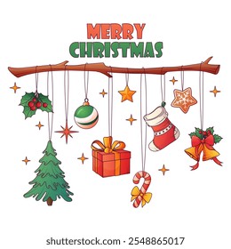 Composição de Natal da decoração no galho. Ilustração vetorial de árvore, azevinho, bola, caixa de presente, doces, biscoito, sinos. Feliz Natal, conceito de Ano Novo. Para design de cartão, decoração de pôster.
